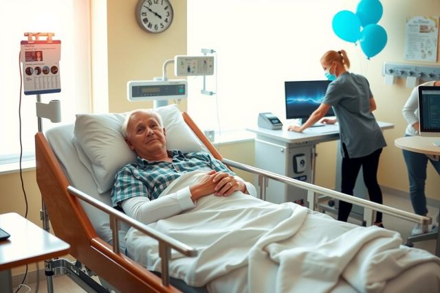 The image shows a hospital room where an elderly patient is lying in a bed. The patient appears to be on medical equipment and is being attended to by healthcare professionals.