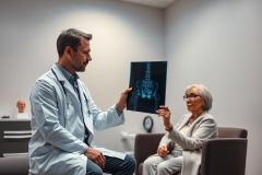 Doctor examining an X-ray of a patient's spine and hips in a clinical setting. The image depicts a medical consultation with a focus on diagnostic imaging, featuring a healthcare professional and an elderly patient. Predominant colors are blue and gray, suggesting a professional medical environment.
