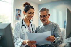 Doctor and senior patient reviewing medical documents in a bright, modern clinic. Healthcare consultation, examination, and patient care. Focus on trust and communication. Blue and white color scheme.