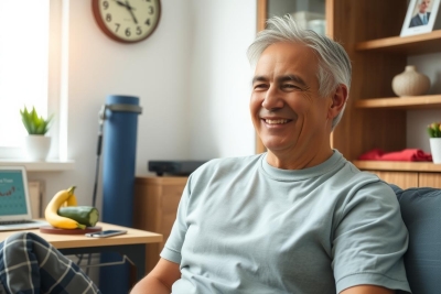 This is a photo of an older man sitting in his living room, smiling and seemingly enjoying the moment. The room has comfortable furnishings with a couch visible behind him. There are also some books stacked nearby, possibly indicating his interest in reading. 