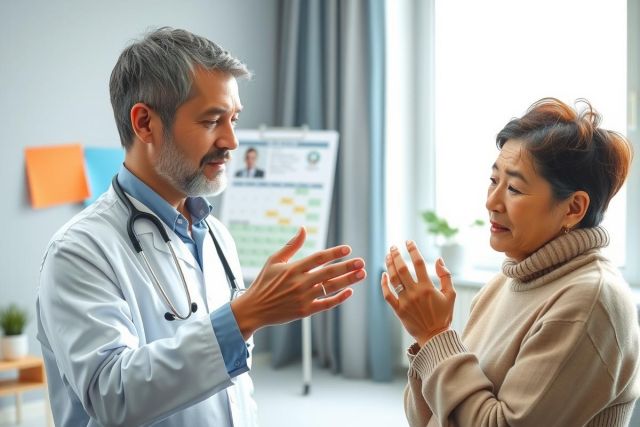 In the image, a doctor and a patient are engaged in a conversation within an office setting. The doctor is dressed professionally, indicating his role as a medical professional. He appears to be explaining something to the patient who is seated comfortably on a chair.