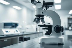 Close-up of a laboratory microscope on a counter in a modern science lab. The image showcases the equipment in a clean, white and gray environment, suggesting research and scientific analysis. Focus is on the microscope's details, highlighting a sterile and professional setting.