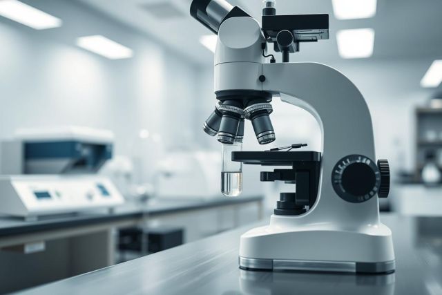 Close-up of a laboratory microscope on a counter in a modern science lab. The image showcases the equipment in a clean, white and gray environment, suggesting research and scientific analysis. Focus is on the microscope's details, highlighting a sterile and professional setting.