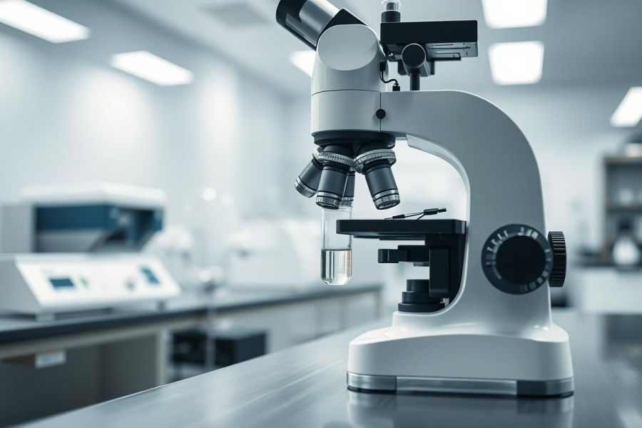 Close-up of a laboratory microscope on a counter in a modern science lab. The image showcases the equipment in a clean, white and gray environment, suggesting research and scientific analysis. Focus is on the microscope's details, highlighting a sterile and professional setting.