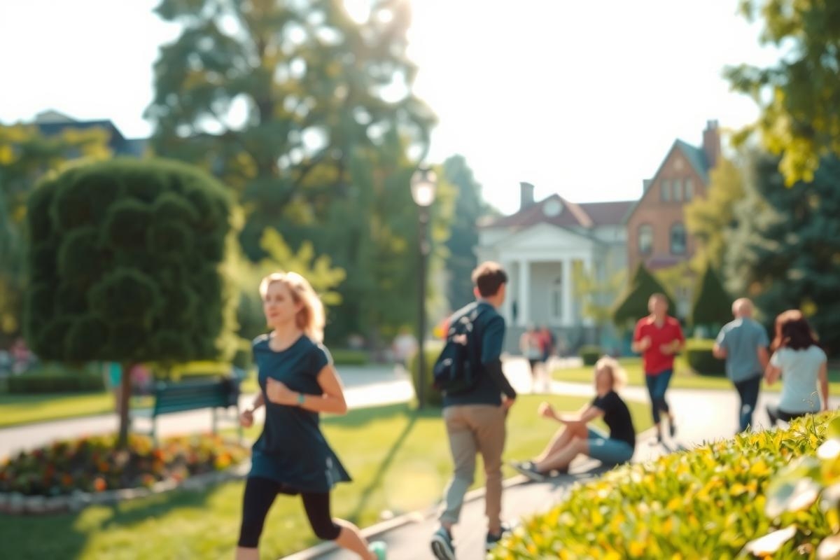 In the heart of a lush park, people are enjoying their time. Some are leisurely strolling along the paths while others are actively engaged in running or walking their dogs. The greenery is vibrant with various trees and shrubs adorning the landscape. A fountain can be seen in the distance, adding a touch of elegance to the scene.