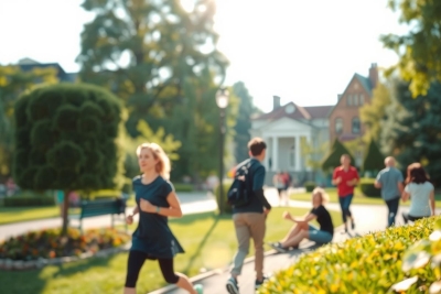In the heart of a lush park, people are enjoying their time. Some are leisurely strolling along the paths while others are actively engaged in running or walking their dogs. The greenery is vibrant with various trees and shrubs adorning the landscape. A fountain can be seen in the distance, adding a touch of elegance to the scene.
