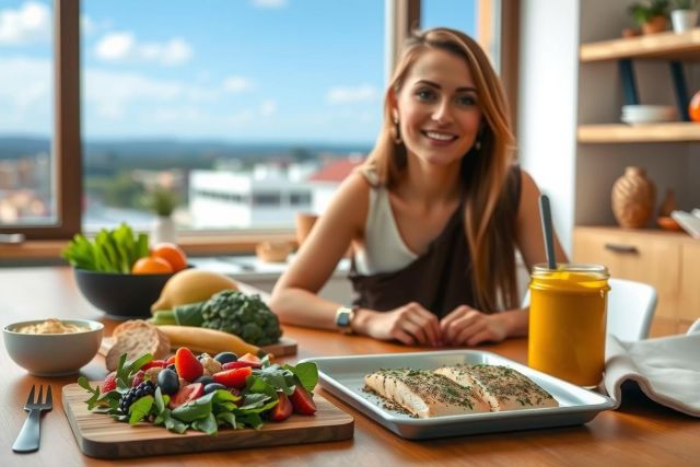 The image depicts a young woman sitting at a table filled with various types of healthy food, including fresh vegetables and salad. The setting appears to be a modern kitchen or dining area with a large window that allows natural light in.