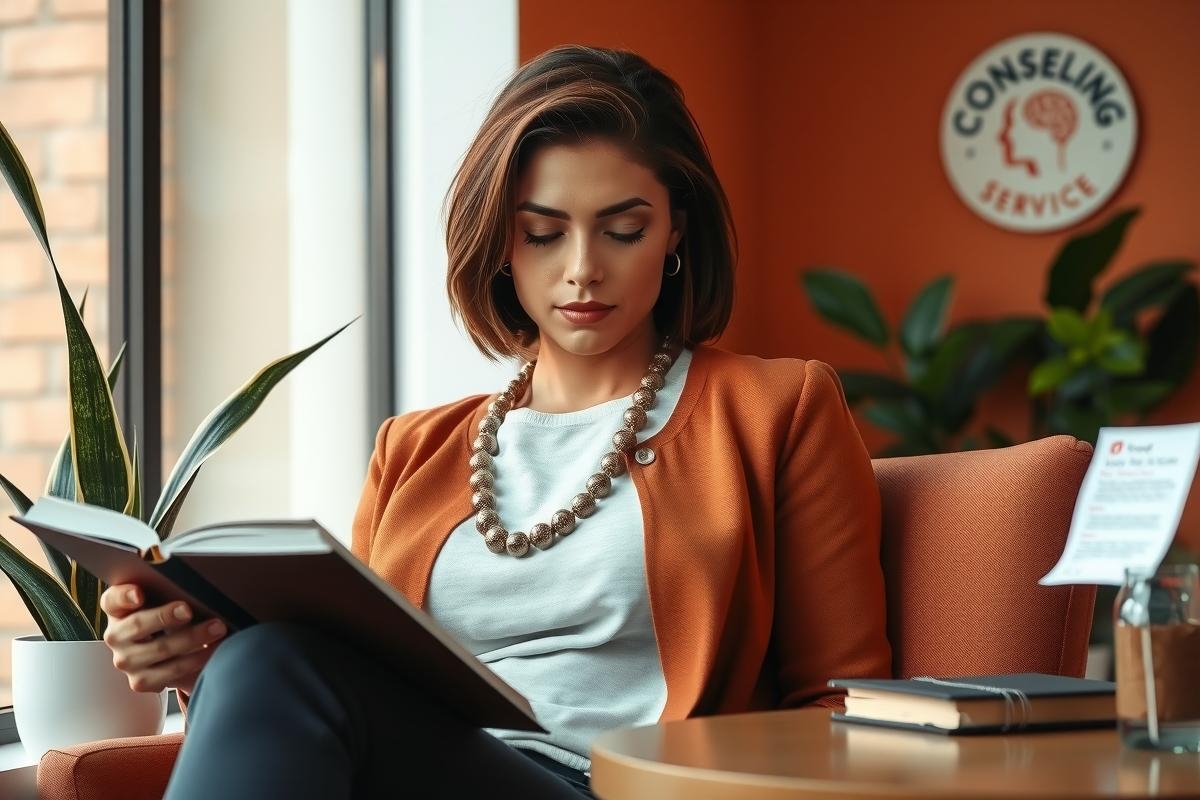 A young woman is sitting in an office chair, focused on a book she's holding. She appears to be in the middle of reading or studying, possibly during her lunch break. The room has a warm color scheme with wooden walls and floors, creating a cozy ambiance. On the desk near her are more books and papers, suggesting she might be working on multiple tasks simultaneously.