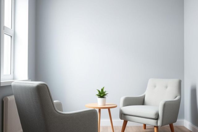 Minimalist interior design featuring two gray armchairs and a small wooden table with a potted plant. The scene is set against a light gray wall with a window, creating a calm and modern living room or reading nook aesthetic.
