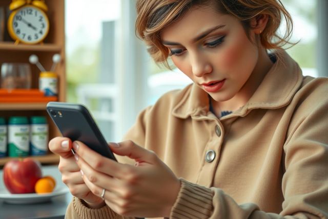 The image shows a young woman engrossed in using her smartphone, possibly browsing or texting. She is seated at a kitchen counter with various items such as an apple and bottles visible on the surface behind her.