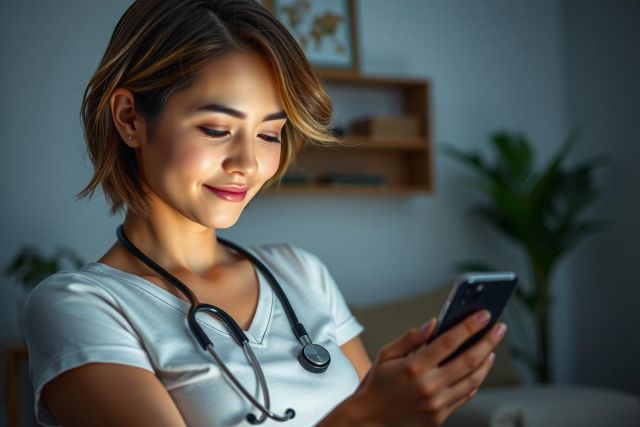 The image depicts a woman in a white shirt with a stethoscope around her neck, using a phone. The environment is an indoor setting, likely a home or office, characterized by soft lighting that creates a calm and focused atmosphere. 