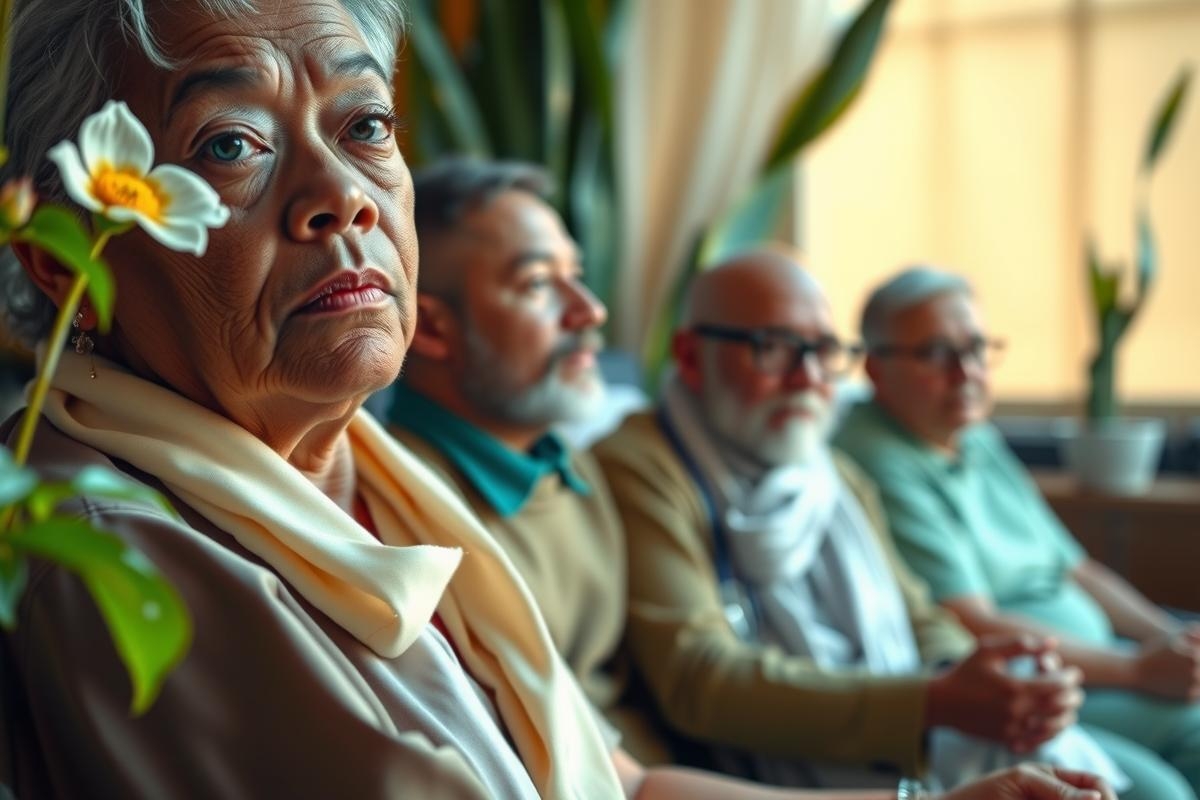 The image shows a group of elderly individuals, possibly in a care facility or retirement home. They are seated in a semi-circle arrangement, suggesting a gathering or discussion. One woman appears to be looking towards the camera with a contemplative expression on her face.