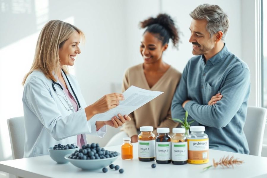 Doctor consulting with a couple about health supplements and nutrition. Bright, modern office setting with blueberries, vitamins, and a medical chart. Focus on wellness, healthcare, and preventative medicine.