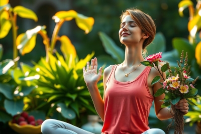 Woman in orange tank top sits in yoga pose with hands pressed together, holding flowers. Bright light casts shadows on plants behind her.