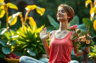 Woman in orange tank top sits in yoga pose with hands pressed together, holding flowers. Bright light casts shadows on plants behind her.