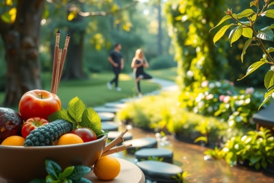 This image captures a vibrant outdoor scene with a focus on healthy living. A person is jogging along a path surrounded by lush greenery and colorful flowers. The setting suggests an idyllic day in spring or summer. In the foreground, there's a wooden dining table with a large bowl of fresh fruit including apples, oranges, and bananas, arranged artfully. A bamboo stick is placed on top of the fruit as a decorative element. The combination of nature and healthy food themes suggests a narrative of outdoor leisure activities and the importance of consuming fresh fruits for good health.