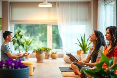 A group of people, engaged in a discussion or meeting inside a modern room. The space is comfortable with potted plants adding to the pleasant atmosphere. Natural light from windows illuminates the scene.