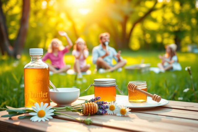 People relaxing outdoors, enjoying a picnic in the park. Food and drinks including honey spread across table.