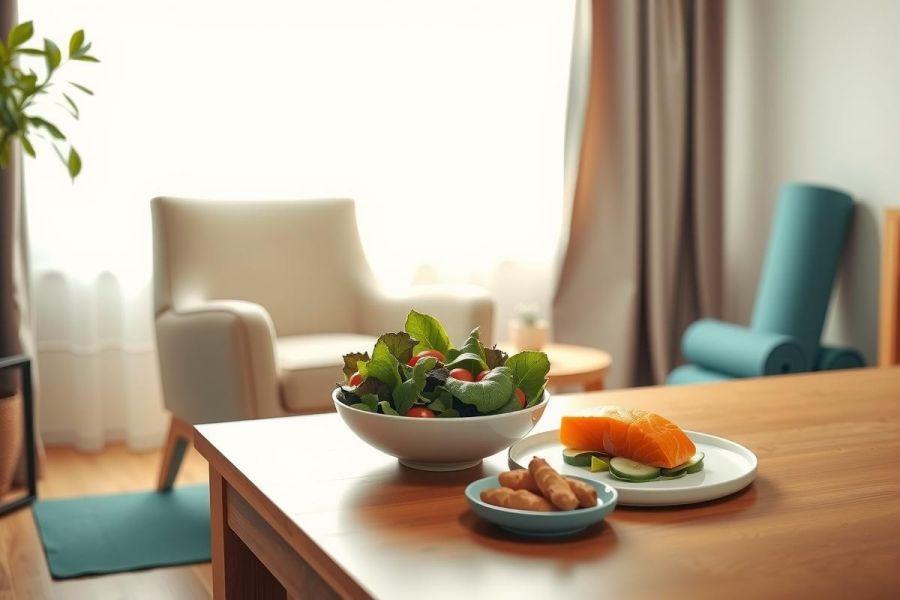 Healthy snacks on a wooden table: a bowl of salad, fruit plate, and nuts. Cozy living room setting with green chair and natural light. Focus on wellness and comfort.