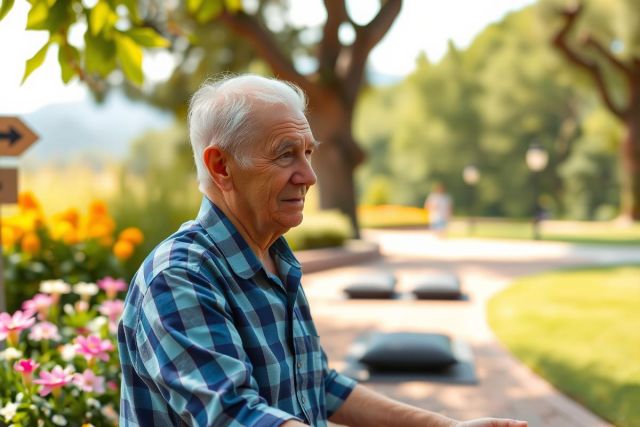 The image portrays an elderly man standing in a serene park setting. He is dressed casually, wearing a plaid shirt and seems to be observing the surroundings or lost in thought. The park is lush with green grass, blooming flowers, and trees providing a tranquil backdrop.