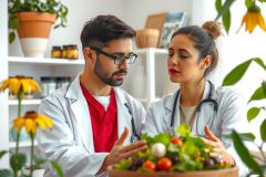 The image features two healthcare professionals, possibly doctors, in an indoor setting that appears to be a clinic or office. They are seated across from each other at a table with various medical supplies and fruits like apples visible on the table. 