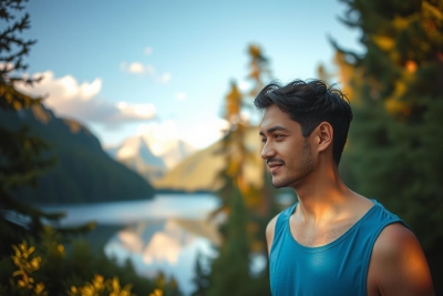 The image features a young man standing in the wilderness, enjoying the serene beauty of nature. He is wearing a blue tank top and stands near the edge of a body of water, which appears to be a calm lake or river.