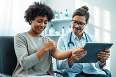 Doctor examining patient's arm in a bright, modern clinic. A woman with dark hair and a concerned expression is being assessed by a male doctor wearing glasses and a stethoscope, who is using a tablet. Healthcare consultation, medical checkup, and patient care themes are present.