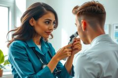 Doctor examines a patient's eye with an ophthalmoscope in a medical office. Healthcare professional in blue coat, patient in white shirt. Bright, clean environment. Focus on eye care and medical examination.