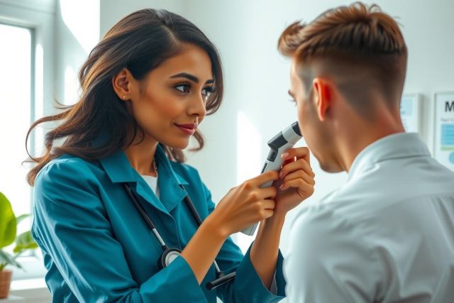 Doctor examines a patient's eye with an ophthalmoscope in a medical office. Healthcare professional in blue coat, patient in white shirt. Bright, clean environment. Focus on eye care and medical examination.
