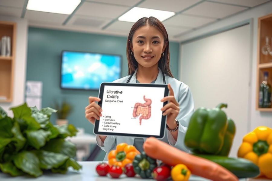 A healthcare professional holds a tablet displaying a diagram of the digestive system, surrounded by fresh produce like tomatoes and peppers in a bright, modern kitchen setting. Focus on health and nutrition.
