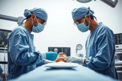 The image depicts a medical setting with two surgeons wearing surgical attire. They are operating on a patient, who is lying down on an operating table.