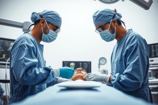 The image depicts a medical setting with two surgeons wearing surgical attire. They are operating on a patient, who is lying down on an operating table.
