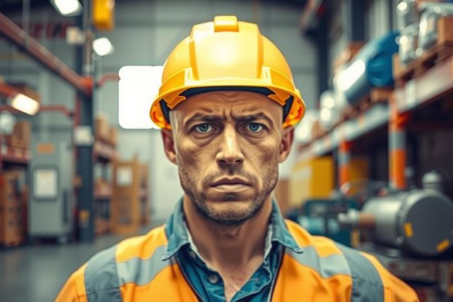 Industrial worker wearing hard hat and safety clothing standing in a warehouse or factory, with shelves filled with machinery and equipment.
