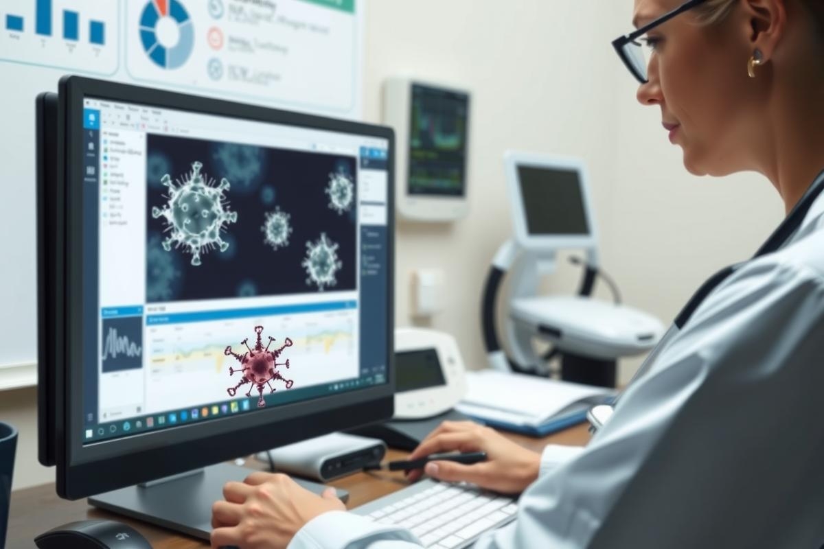 The image depicts a professional setting with a person in the foreground, who appears to be engaged in some form of analysis or data processing. The individual is using two computer monitors that are displaying what seems to be medical-related data, possibly related to viruses or genetic information.