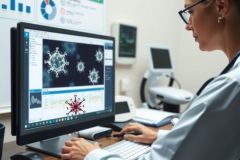 The image depicts a professional setting with a person in the foreground, who appears to be engaged in some form of analysis or data processing. The individual is using two computer monitors that are displaying what seems to be medical-related data, possibly related to viruses or genetic information.