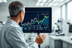 Man in lab coat analyzing financial data on a computer screen. The image showcases a modern laboratory setting with graphs and charts, suggesting data analysis, finance, or stock market trends. Blue and green color accents highlight the data visualization.