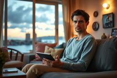 The image depicts a young man sitting on a couch in an indoor setting, possibly during sunset. He is dressed casually and appears to be using a tablet or small laptop. The room has modern furniture and decor, suggesting a comfortable and stylish living space.