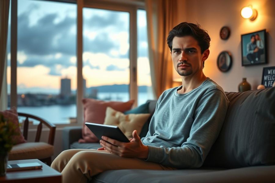 The image depicts a young man sitting on a couch in an indoor setting, possibly during sunset. He is dressed casually and appears to be using a tablet or small laptop. The room has modern furniture and decor, suggesting a comfortable and stylish living space.