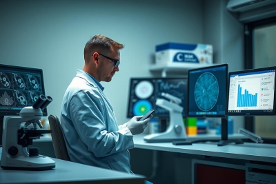 The image depicts a scientific research environment with a man in lab attire focused on a computer screen. Key visual elements include a microscope, scientific equipment, and graphs suggesting data analysis or biomedical research.