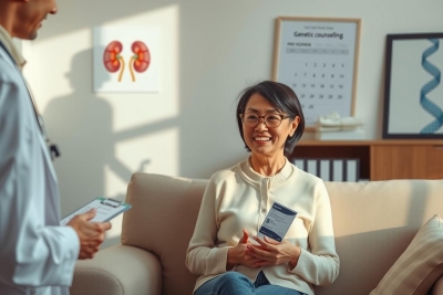 In a brightly lit room, a doctor and patient are seated in what appears to be an examination or consultation setting. The doctor is holding a tablet with medical records while smiling at the woman on the couch who is also smiling back. 