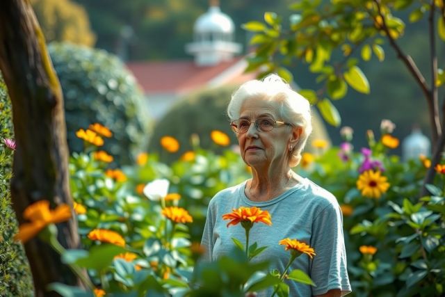 An elderly woman stands in a garden, surrounded by blooming flowers. The garden is vibrant with orange and yellow flowers. She appears to be looking down at the flowers with a thoughtful expression.