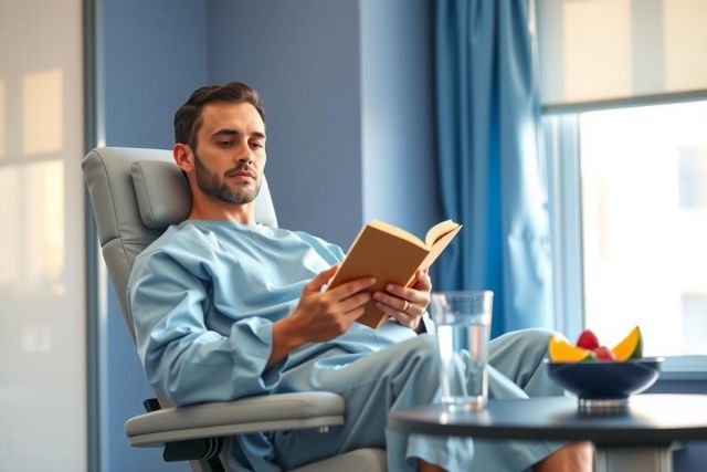 Man reading a book while relaxing in a blue armchair. A bowl of fruit and a glass of water sit on a nearby table. Bright, natural light fills the room. Calm, peaceful scene.