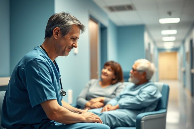 Doctor in blue scrubs consults with an elderly couple in a modern, blue-toned hospital hallway. Healthcare, patient care, and senior wellness themes are evident in this compassionate scene.