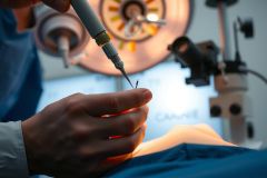 Close-up of a surgical procedure. A doctor holds a surgical instrument near a patient's head under bright operating room lights. Focus on precision and medical expertise. Sterile environment.