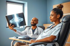 Doctors examining an X-ray in a medical office. Healthcare professionals review patient imaging for diagnosis. Focus on medical expertise and patient care in a clinical setting.