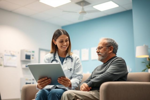 Doctor consults with a senior patient in a bright, modern clinic. The female doctor uses a tablet during the appointment, showcasing healthcare technology and patient care. Blue and beige tones dominate the scene.