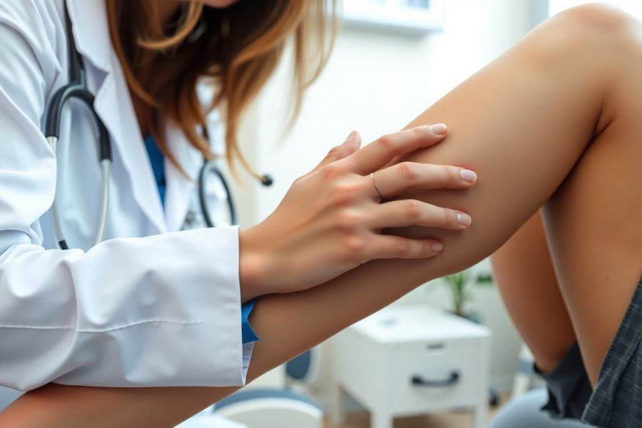 Doctor examining patient's leg during consultation. Healthcare professional in white coat assessing a patient in a clinical setting. Focus on leg examination.