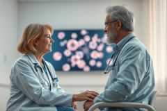 A female doctor in a blue coat chats with an older doctor with a gray beard. A blurry image of a cell appears in the background, suggesting a medical consultation or diagnosis. Soft lighting and a focus on empathy convey a sense of care and support.