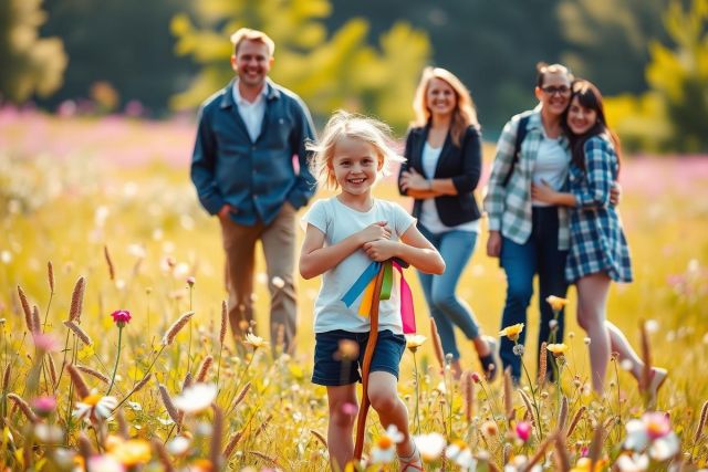 Family enjoying a day out in a field of wildflowers, walking together through a vibrant and colorful landscape. The environment suggests a warm, sunny day.