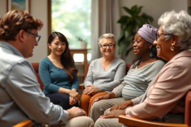 A group of adults, including a man and several older women, are gathered in a well-lit room. They appear to be engaged in a discussion or interview with the man, who is seated among them.